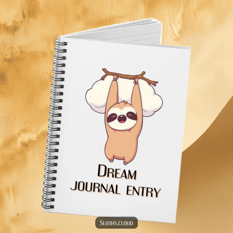Funny kawaii sloth hanging upside down from a cloud, smiling peacefully. Humorous notebook.