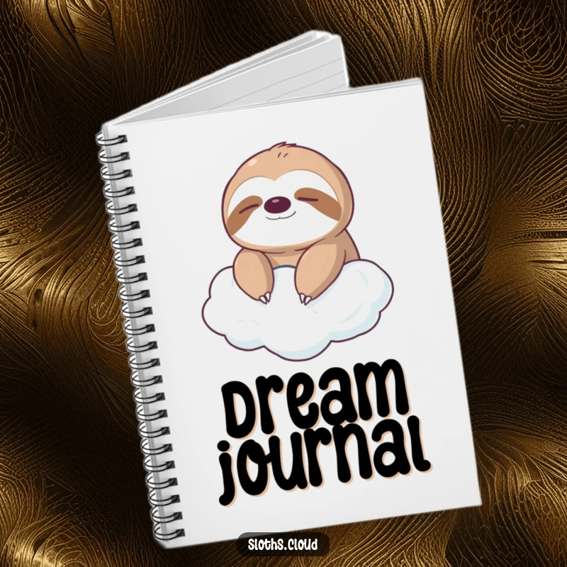 Funny notebook with a serene sloth floating on a cloud, ideal for jotting down thoughts peacefully and as a humorous gift.