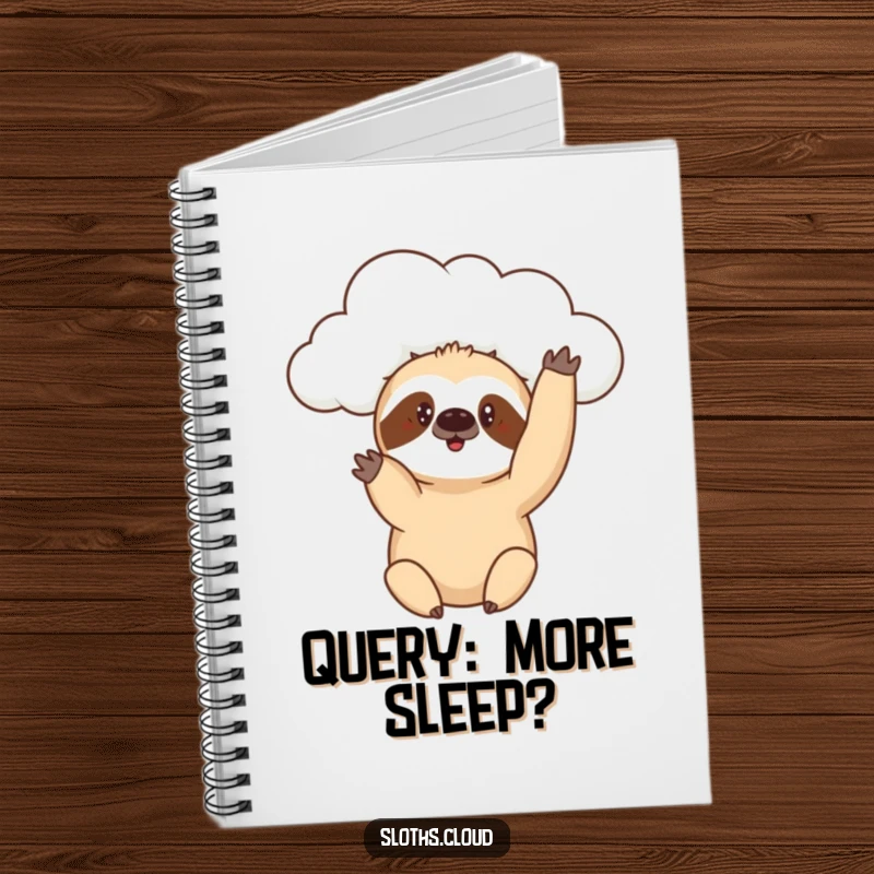 Funny notebook with a sloth reaching a paw from a cloud with a curious expression, designed for jotting down exploratory ideas.