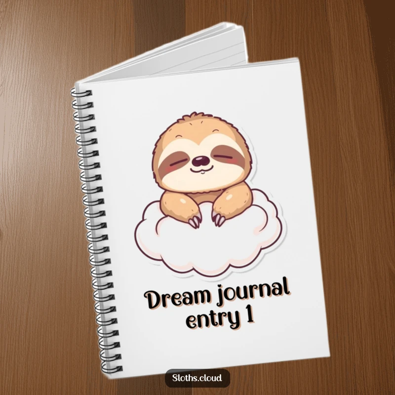 Funny notebook with a sloth floating on a cloud with eyes closed, designed for jotting down peaceful and humorous ideas.