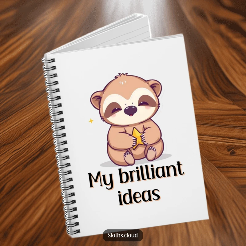 Funny notebook cover featuring a giggling sloth playing with a star, perfect for capturing playful ideas and cheerful notes.