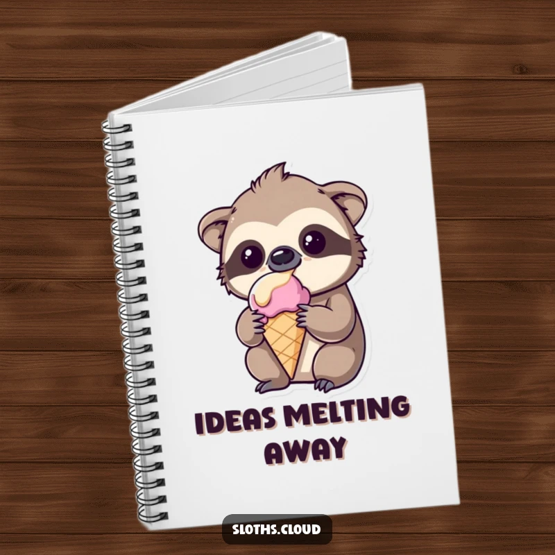 Funny kawaii sloth notebook, amused by melting ice cream, perfect for journaling and doodles, stationery humor.