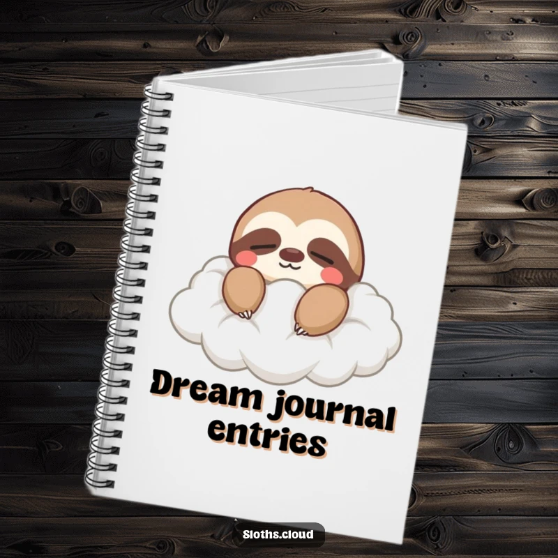 Funny notebook cover featuring a sloth with closed eyes, peacefully drifting on a cloud, perfect for serene note-taking.