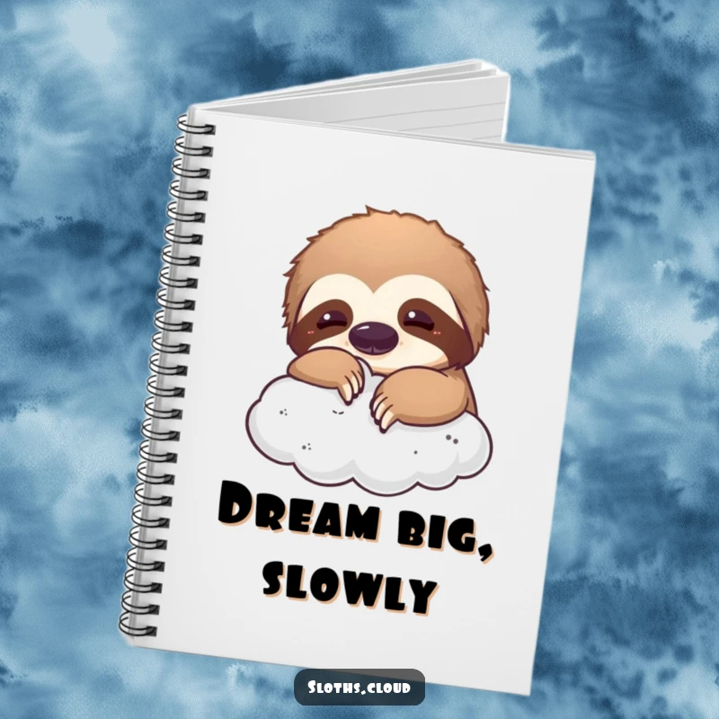 Funny notebook cover with a sloth playfully nudging a fluffy cloud, symbolizing dreamy ideas and humorous creativity.