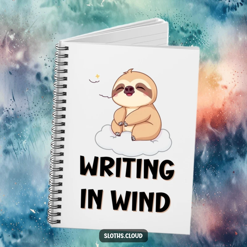 Funny notebook featuring a sloth enjoying a gentle breeze on a cloud, perfect for jotting down thoughts with a peaceful and humorous touch.