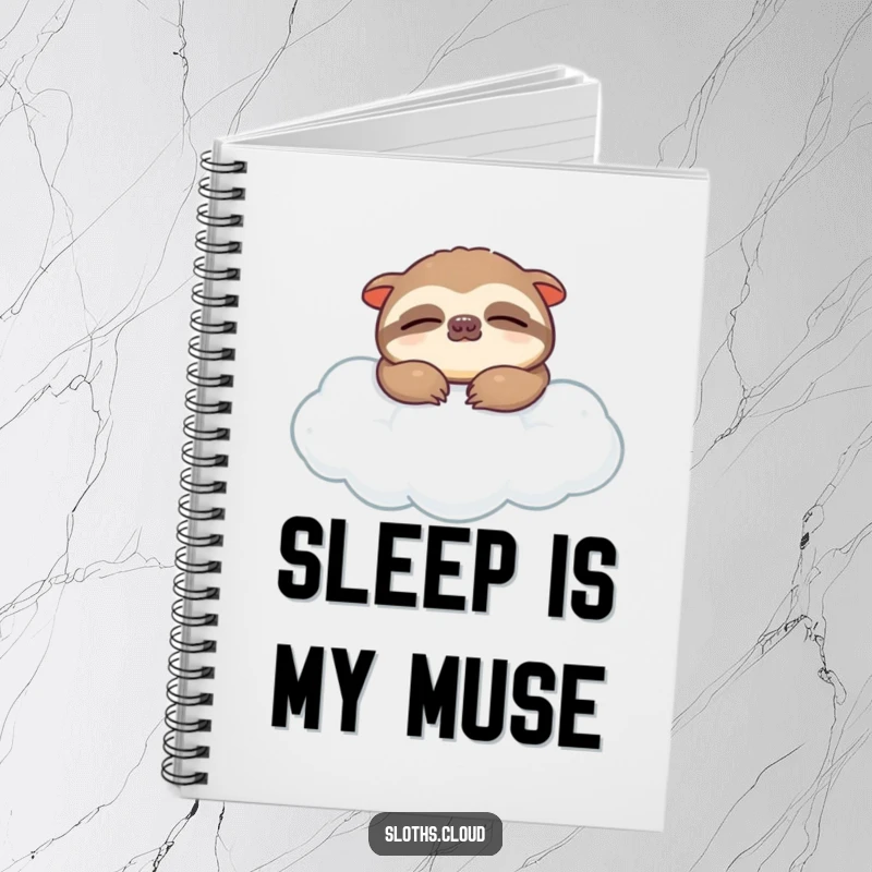 Funny notebook with a serene sloth character sleeping soundly on a soft cloud, inspiring peaceful writing and creativity.
