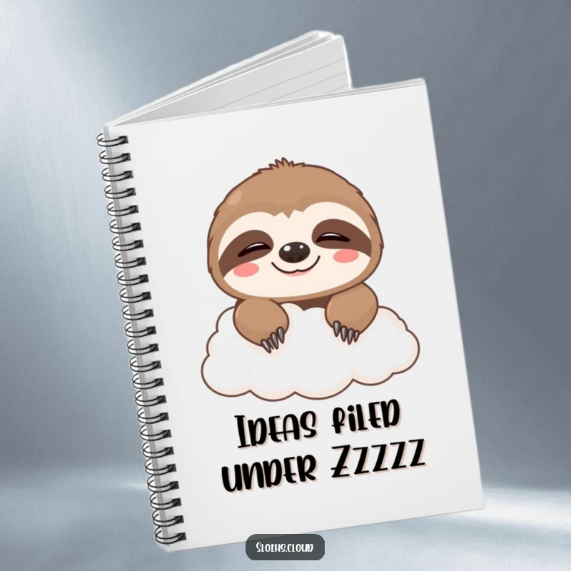 Funny notebook with a cute sloth peeking from a cloud, sporting a sleepy grin, designed for jotting down thoughts humorously.