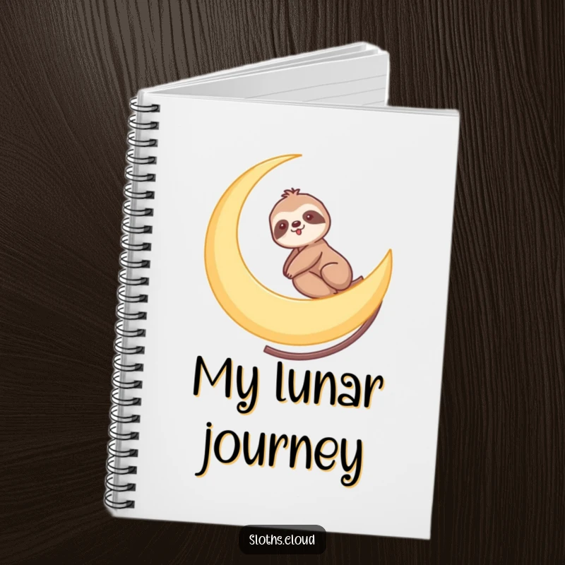Funny notebook cover showing a sloth riding a crescent moon like a slow roller coaster, inspiring gentle and cosmic note-taking.