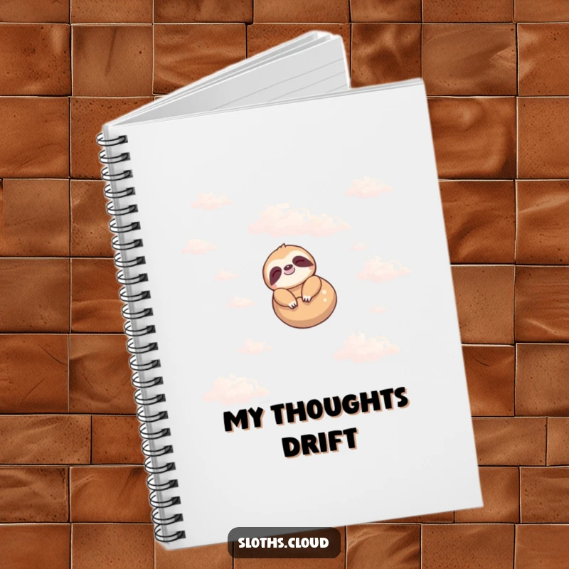 Funny notebook with a cute sloth peacefully floating in a cloudy sky, perfect for jotting down notes with a humorous and serene theme.