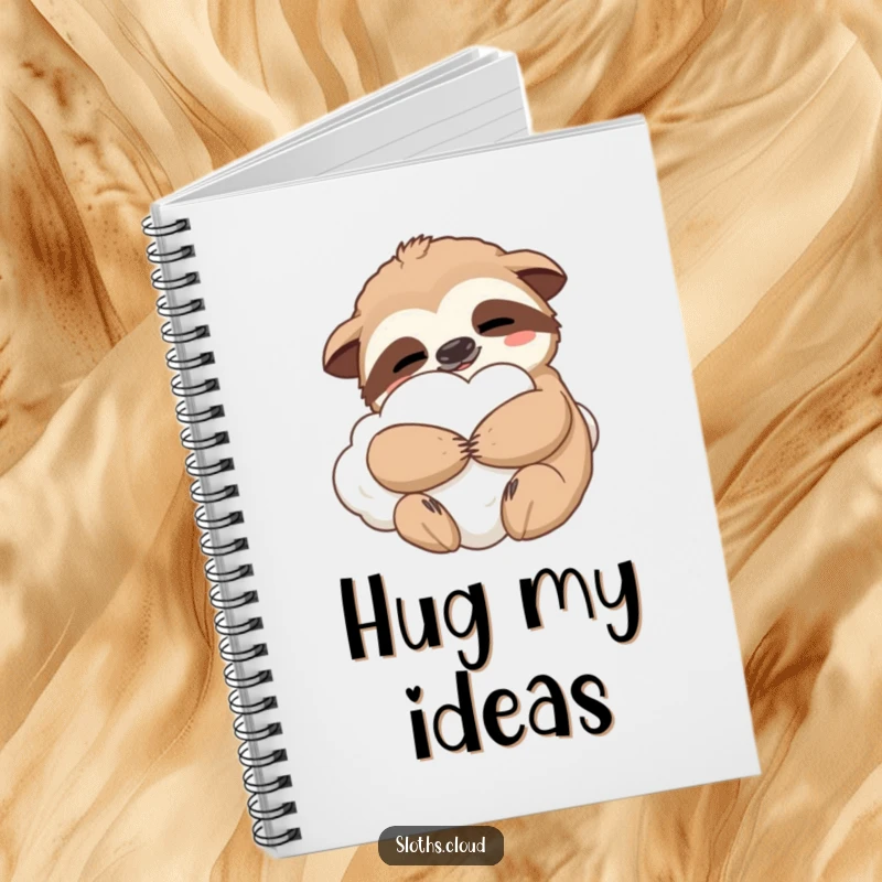 Funny notebook with a contented sloth hugging a fluffy cloud, ideal for journaling comfortably and as a humorous gift.