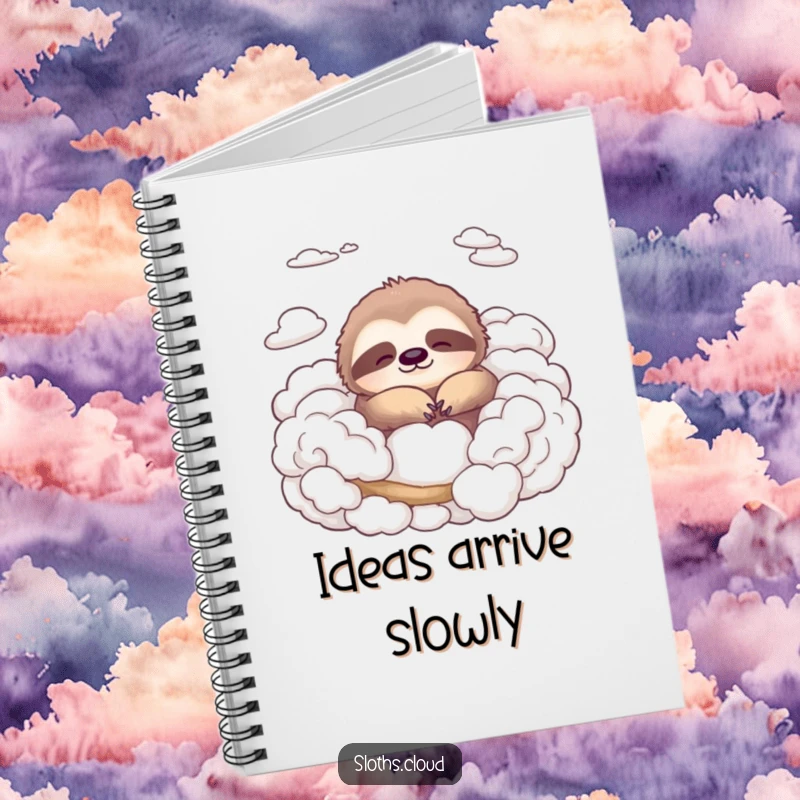 Funny notebook with a peaceful sloth illustration nestled in fluffy clouds, ideal for jotting down notes with a touch of serene humor.