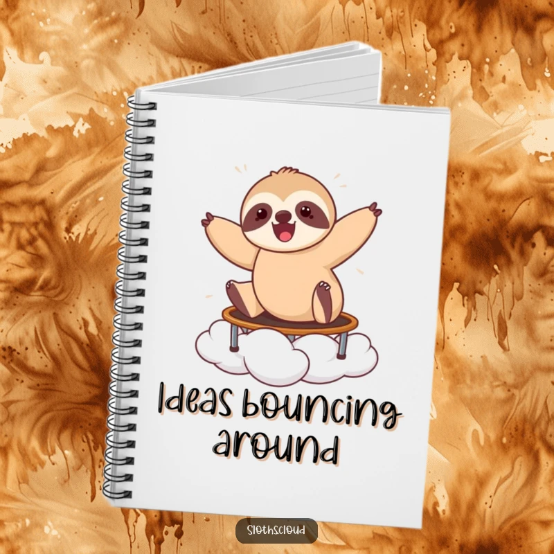 Funny notebook cover featuring a happy sloth bouncing on a cloud, perfect for capturing energetic ideas and enthusiastic notes.