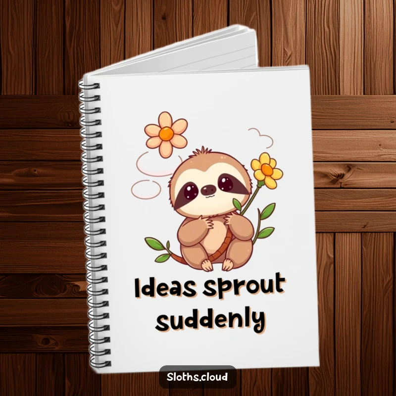 Funny kawaii sloth notebook showing a cute sloth surprised by a flower blooming from a cloud, perfect for notes and journaling.
