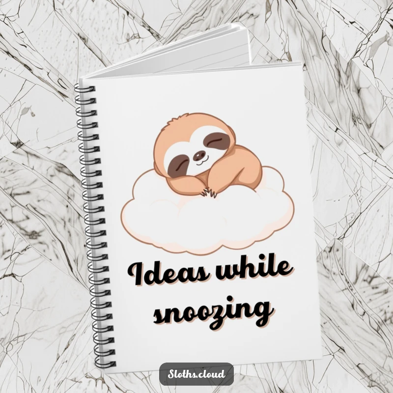Funny sloth notebook, comfortably napping on soft clouds. A humorous journal for jotting down ideas inspired by comfort and dreams.