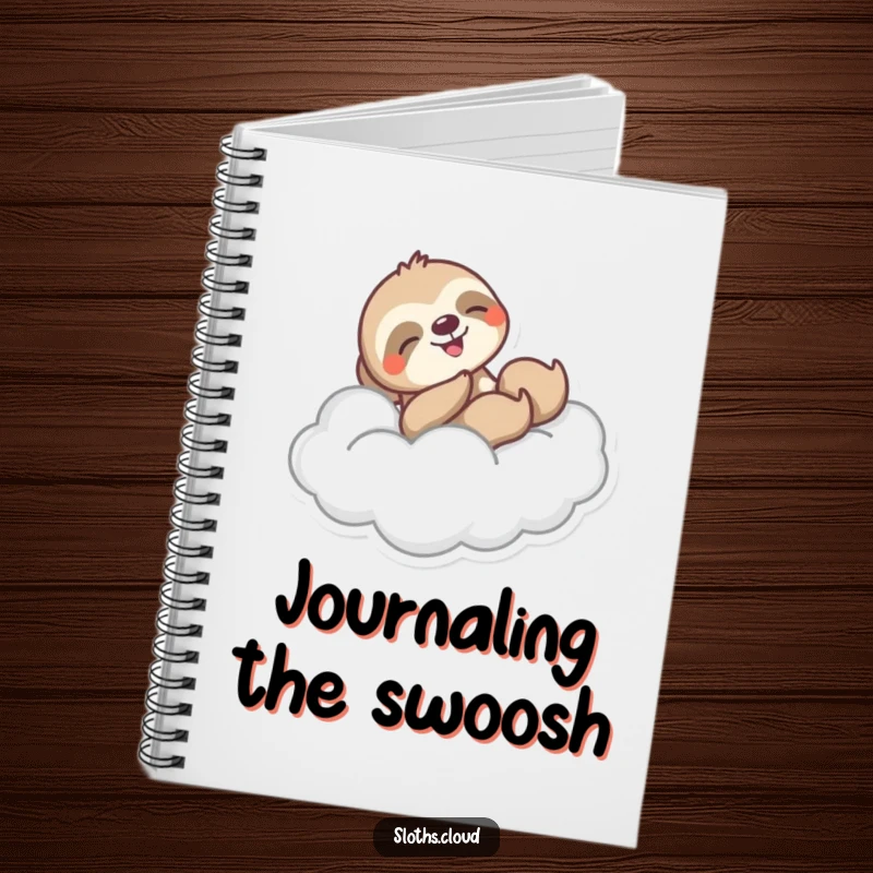 Funny notebook cover with a sloth joyfully sliding down a fluffy cloud, symbolizing enthusiastic ideas and humorous dynamism.