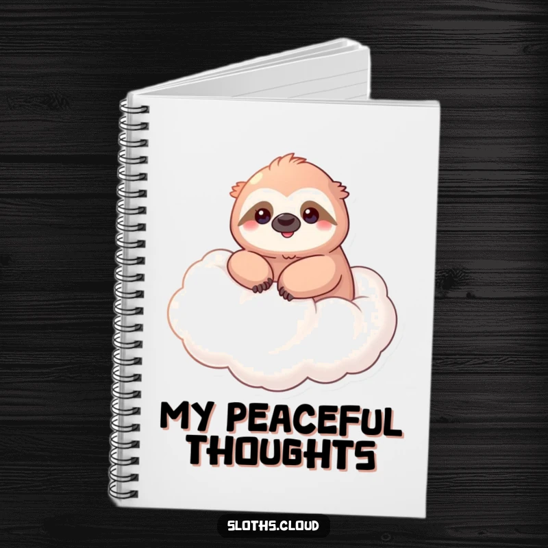Funny notebook with a kawaii sloth smiling serenely, floating on a cloud, perfect for notes and journaling.