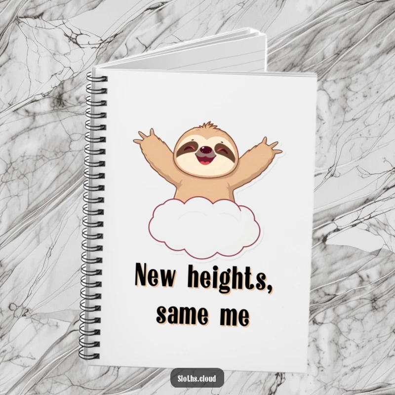 Funny notebook cover featuring a happy sloth floating on a cloud, arms spread wide, symbolizing joyful thoughts and creative freedom.