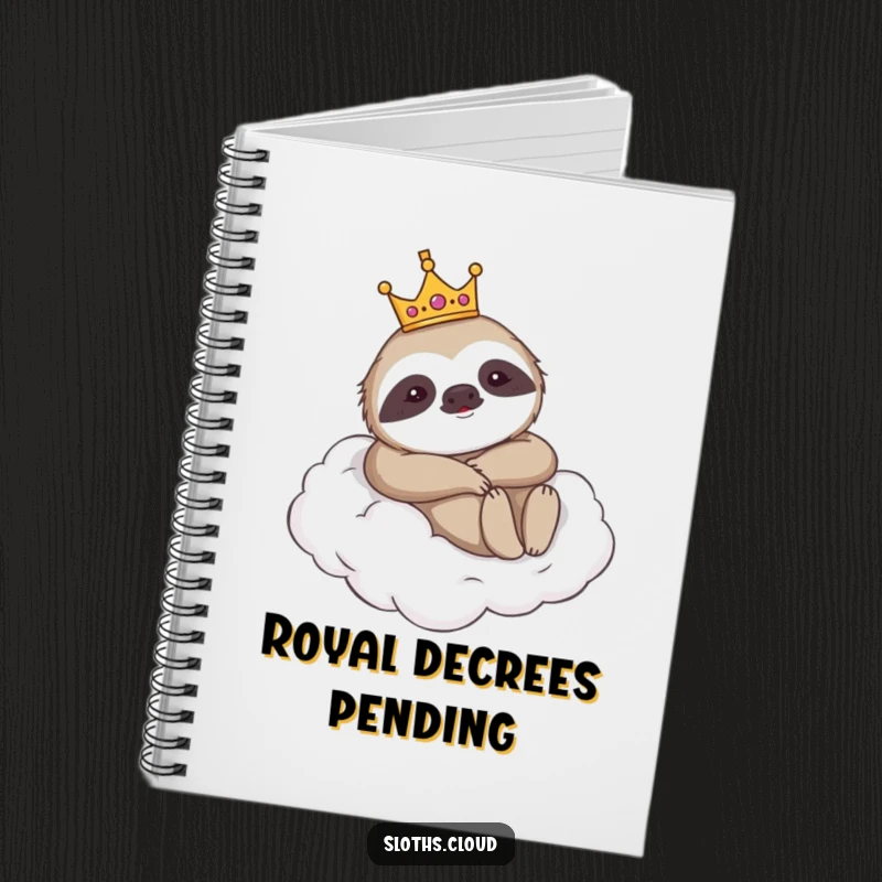 Funny notebook with a majestic sloth wearing a crown, lounging on a cloud, perfect for jotting down notes with a humorous theme.