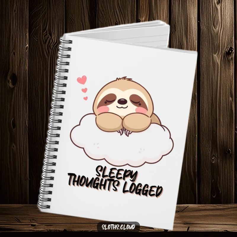 Funny kawaii sloth notebook with a cute sloth napping on a cloud, perfect for journaling peaceful thoughts and creative ideas.