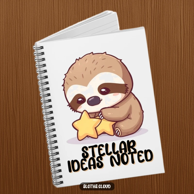 Funny notebook with a sloth gently petting a star with a kind expression, ideal funny gift.