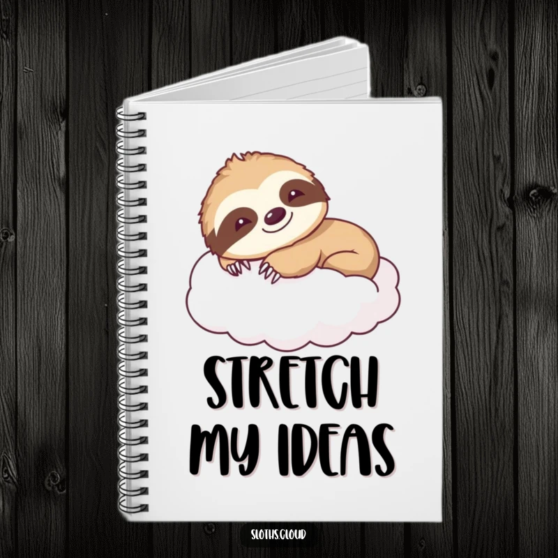 Funny notebook with a smiling sloth stretching languidly on a fluffy cloud, ideal for journaling peacefully and as a humorous gift.