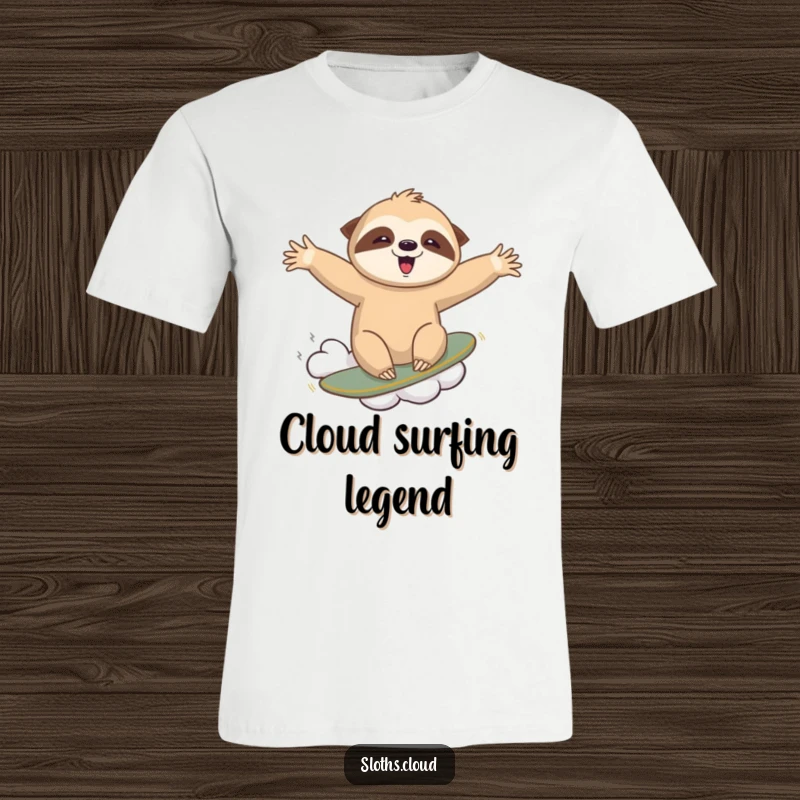 Funny t-shirt depicting a joyful sloth riding a cloud like a surfboard, arms spread wide, relishing the thrilling aerial adventure.