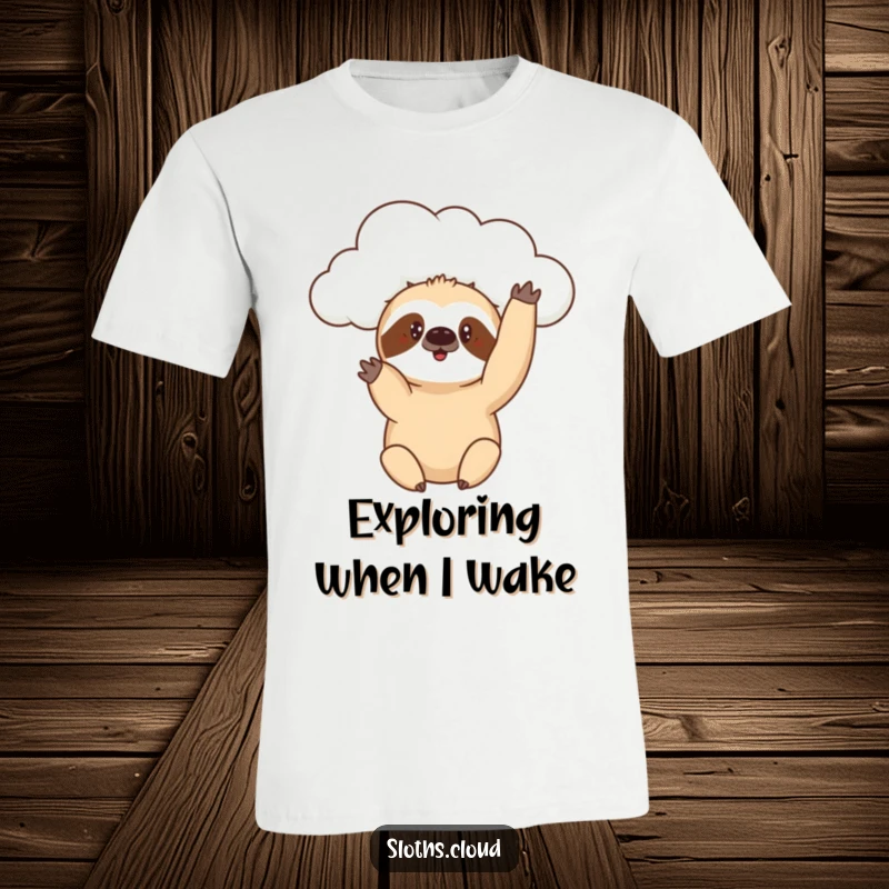 Funny t-shirt showing a sloth reaching out a paw from a cloud with a curious expression, embodying a playful and inquisitive spirit.