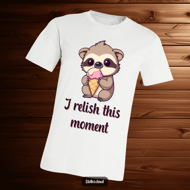 Funny kawaii sloth t-shirt, amused face, about to drop melting ice cream, hilarious dessert disaster.