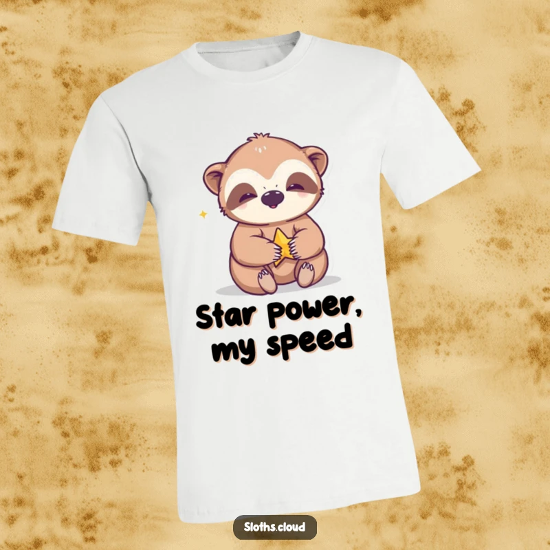 Funny t-shirt showing a giggling sloth gleefully playing with a small, shining star, embodying pure joy and playful wonder.