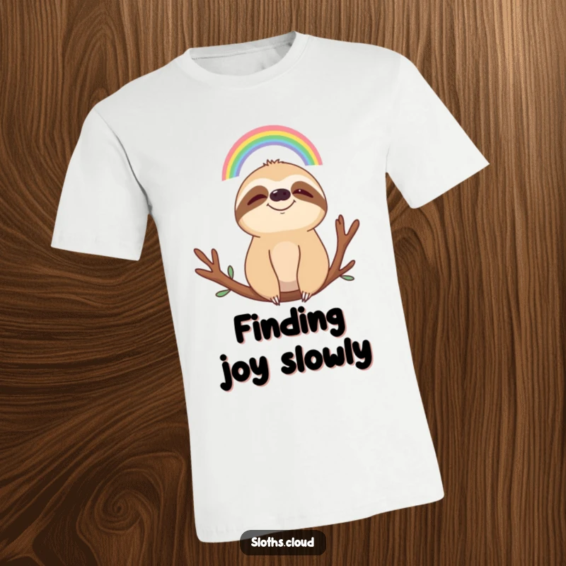 Funny t-shirt graphic of a smiling sloth looking serenely at a tiny, colorful rainbow above, radiating peaceful and humorous vibes.