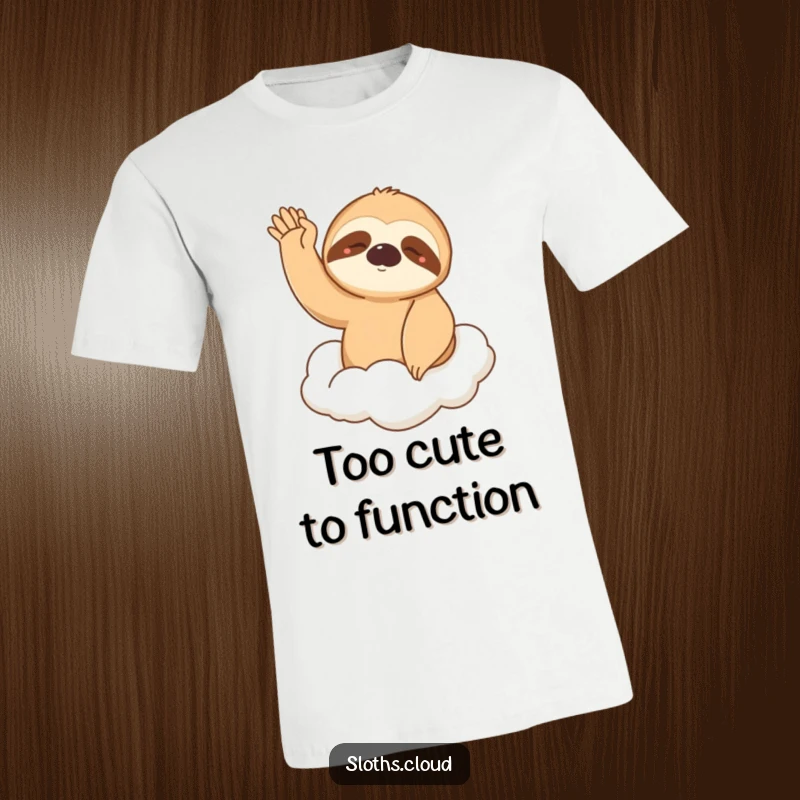 Funny T-Shirt: A drowsy sloth gives a slow, gentle wave from a fluffy cloud, embodying comfortable, humorous laziness.