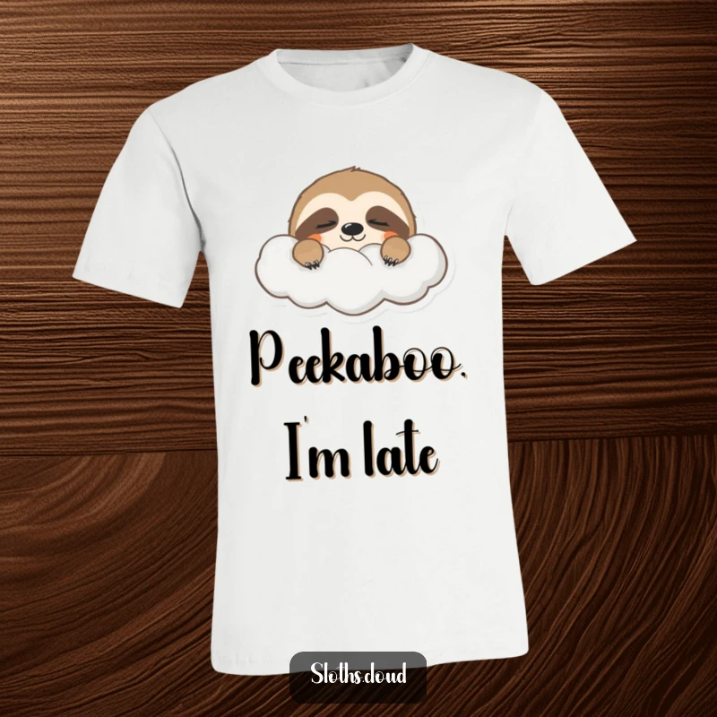 Funny t-shirt featuring a sleepy sloth peeking cautiously from behind a cloud, eyes barely open, signaling a need for more sleep.