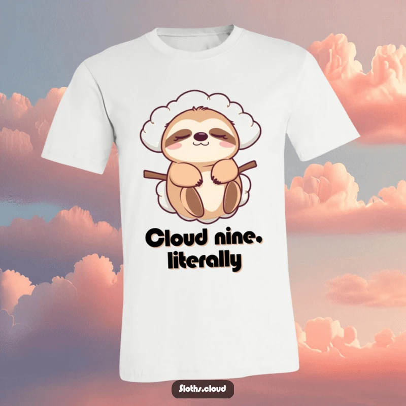 Funny sloth t-shirt, eyes closed, being carried by a soft cloud, capturing a moment of pure, humorous bliss and relaxation.