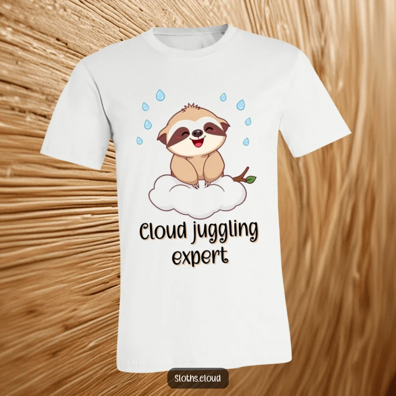 Funny t-shirt with a joyful sloth in mid-air, expertly juggling small raindrops while resting on a cloud, expressing pure delight.