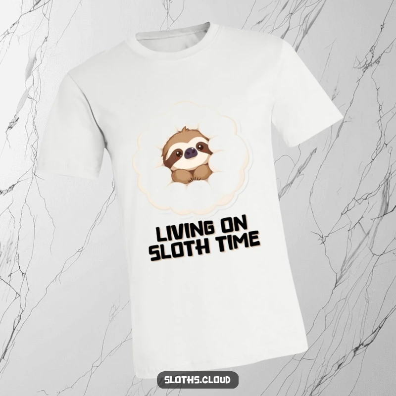 Funny T-Shirt showcasing a content sloth peeking over a fluffy cloud, embodying ultimate laziness and comfort.