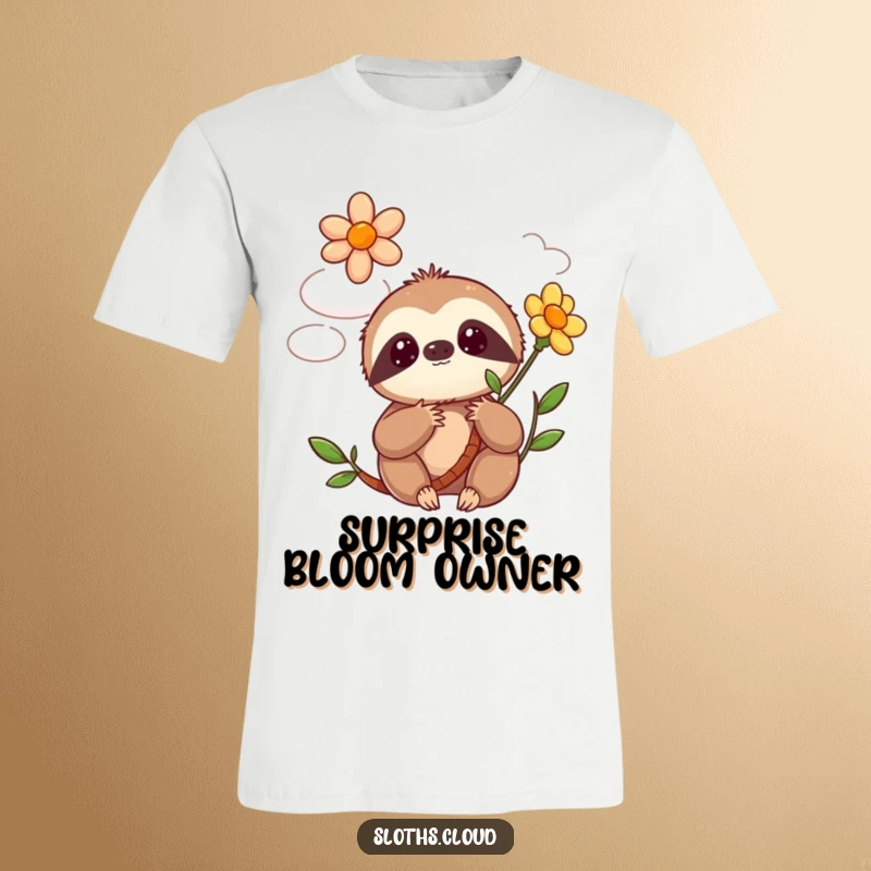Funny kawaii sloth t-shirt showing a cute sloth with wide eyes, surprised by a vibrant flower blooming magically from a cloud.