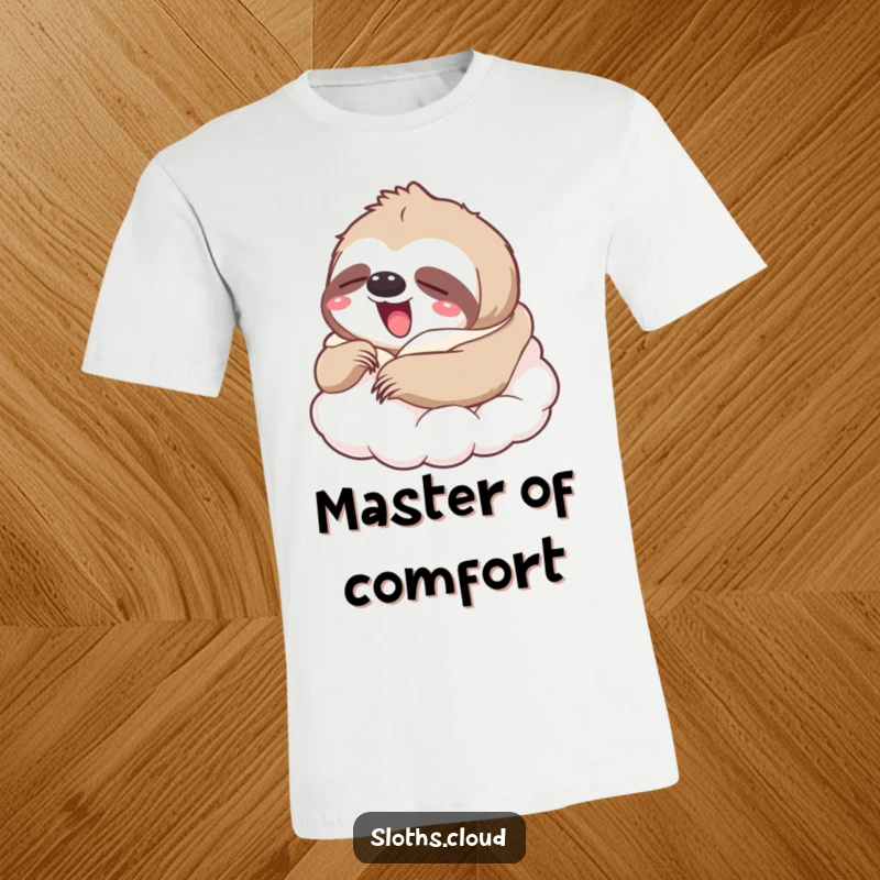Funny t-shirt featuring a yawning sloth wrapped in a soft cloud blanket, looking content, great funny gift.