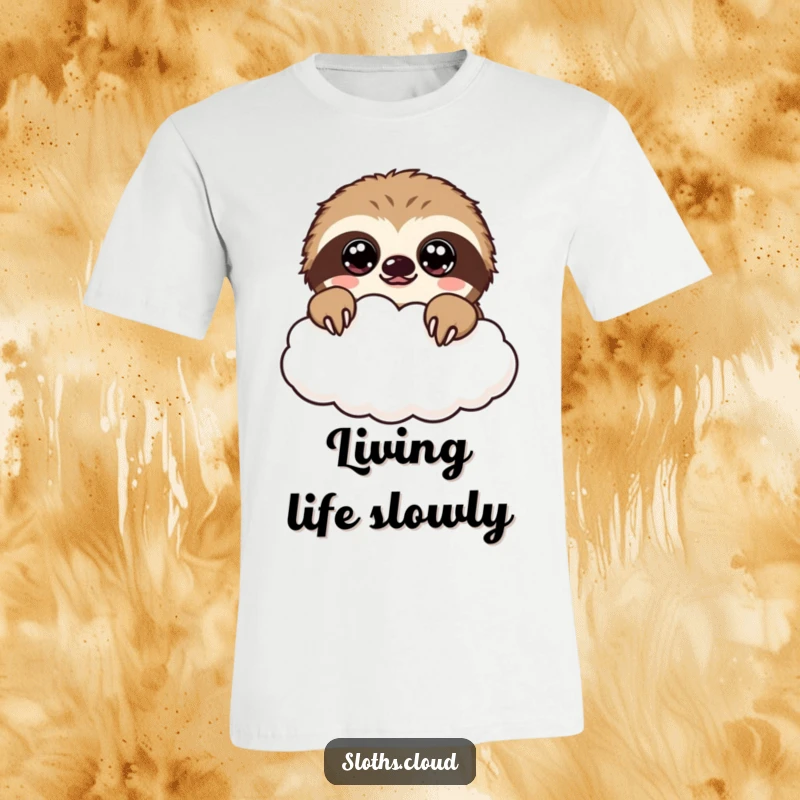 Funny kawaii sloth t-shirt with a cute sloth peeking over a cloud, big eyes full of innocent curiosity.