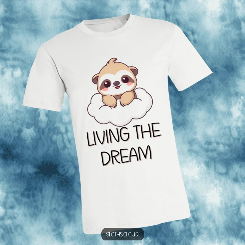 Funny t-shirt with a kawaii sloth smiling joyfully while floating on a soft white cloud, great funny gift.