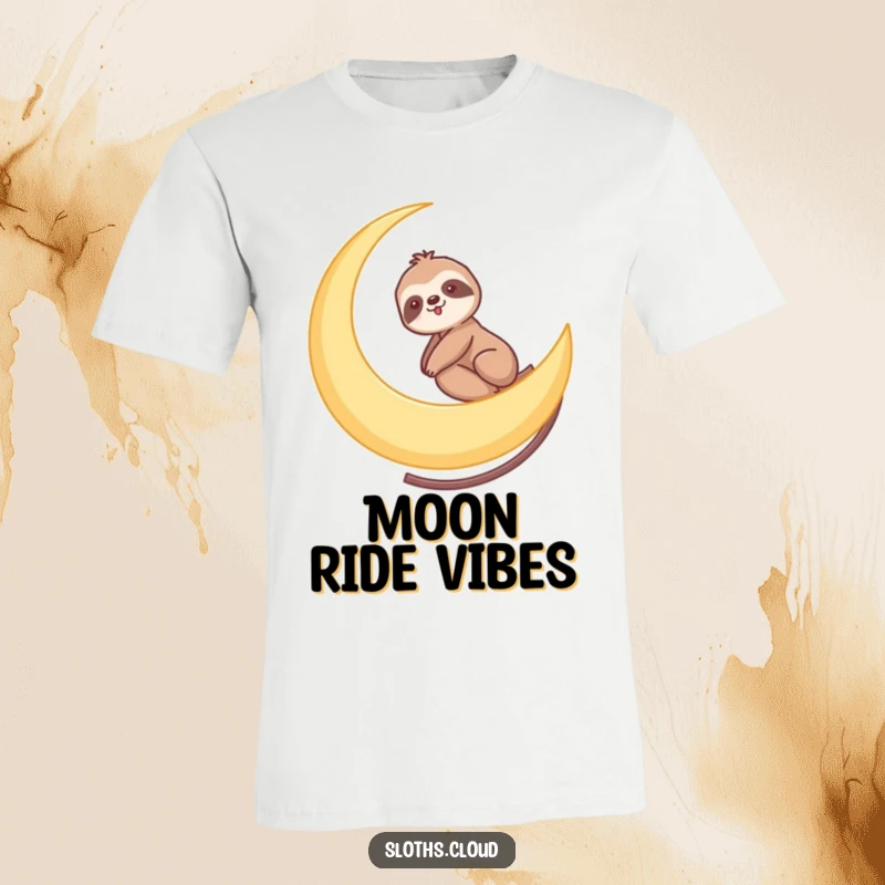 Funny t-shirt depicting a sloth riding a crescent moon like a slow roller coaster, embodying a gentle, cosmic journey and relaxed fun.