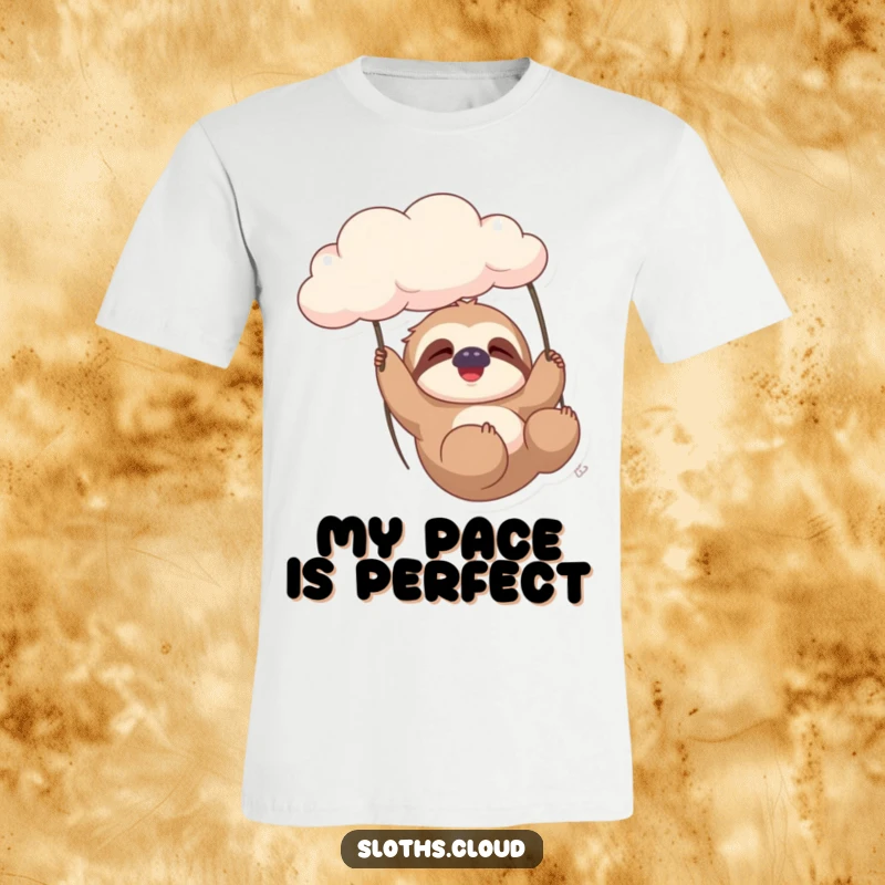 Funny sloth character peacefully swinging from a cloud with a contented sigh, depicted on a soft, comfortable t-shirt.