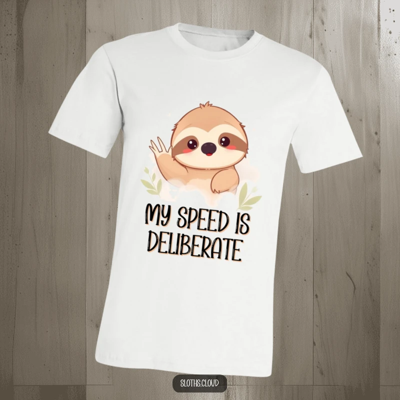 Funny sloth wearing a shy expression, peeking out from behind thick fog, giving a small wave. Humorous shirt.
