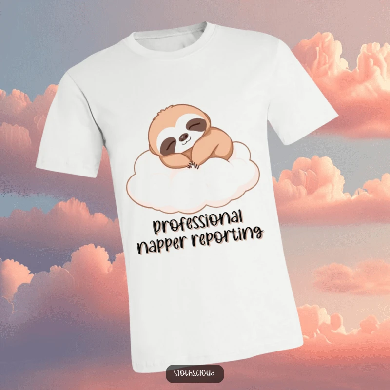 Funny sloth t-shirt, comfortably napping on soft clouds. A humorous garment celebrating deep sleep and ultimate relaxation.