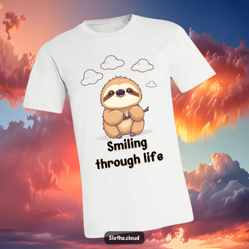 Funny t-shirt featuring a sloth with a gentle smile, gazing peacefully at fluffy clouds drifting by, radiating calm and humor.