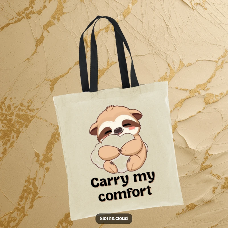 Funny tote bag featuring a contented sloth hugging a fluffy cloud, perfect for carrying essentials with comfort and humor.
