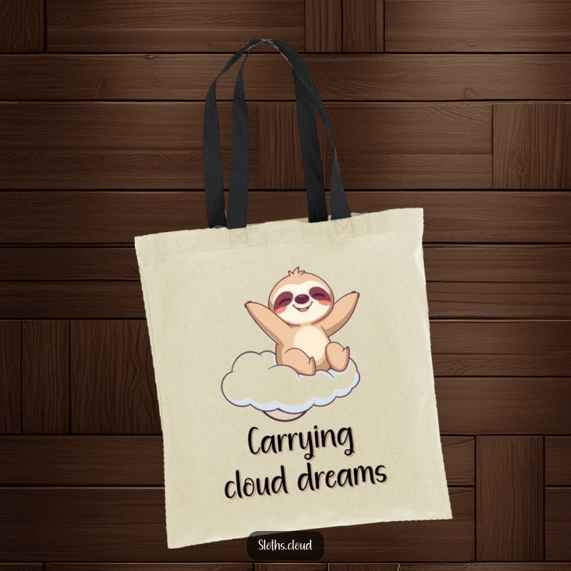 Funny Tote Bag: A sloth bounces playfully on a springy cloud with a blissful expression, perfect for carrying items humorously.