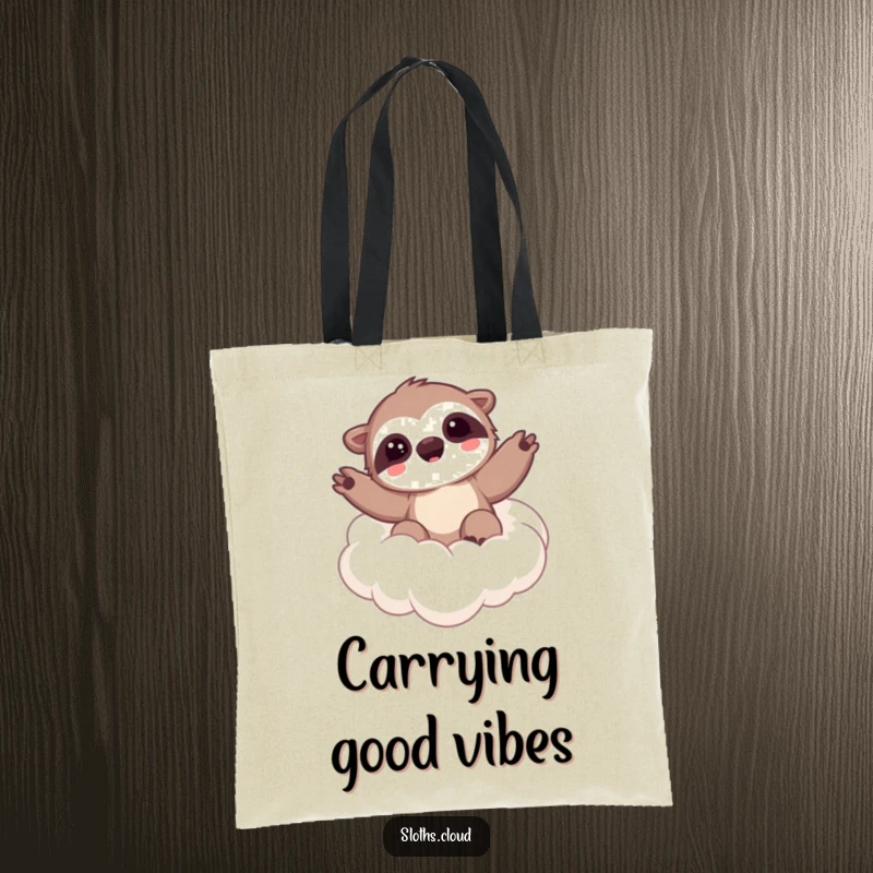 Funny tote bag featuring a kawaii sloth waving from a cloud, perfect for carrying essentials while spreading happy, relaxed vibes.