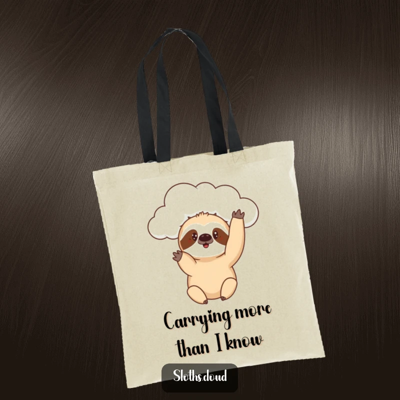 Funny tote bag showing a sloth reaching a paw from a cloud with a curious expression, highlighting exploration and humor.