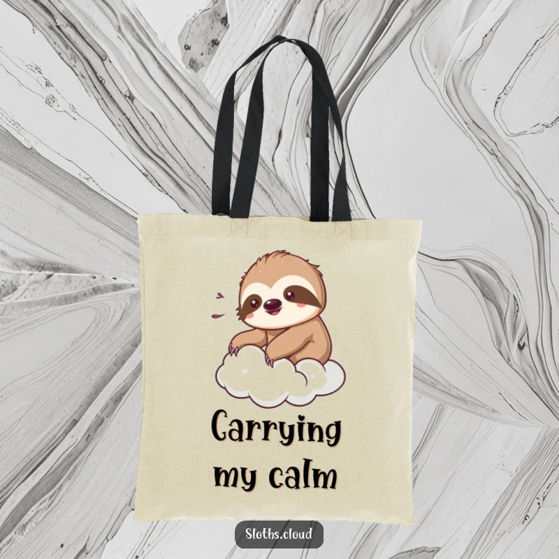 Funny kawaii sloth tote bag showing a cute sloth relaxing and enjoying a gentle breeze while floating on a cheerful cloud.