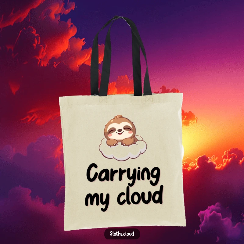 Funny Tote Bag: A happy sloth smiles while blissfully floating on a soft cloud, perfect for carrying your stuff humorously.